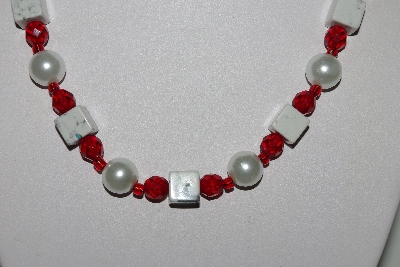 +MBAHB #009-110  "One Of A Kind White & Red Bead Necklace & Earring Set"