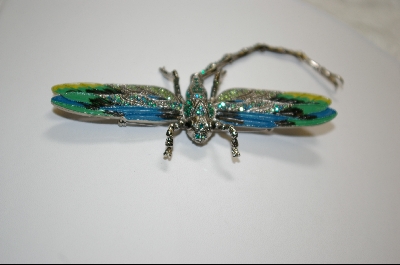 +Artist  Marked "Janus" Crystal And Enameled  Green Dragon Fly  Pin/Pendant