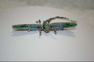 +Artist  Marked "Janus" Crystal And Enameled  Green Dragon Fly  Pin/Pendant