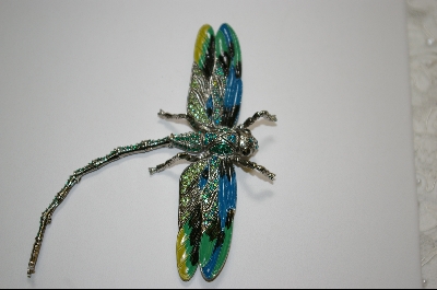 +Artist  Marked "Janus" Crystal And Enameled  Green Dragon Fly  Pin/Pendant