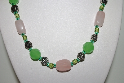 +MBAHB #013-160  One Of A Kind Green Bead & Rose Quartz Necklace & Earring Set"
