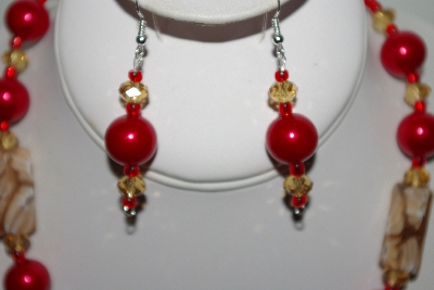 +MBAHB #013-058  "One Of a Kind Tan & Red Bead Necklace & Earring Set"