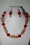 +MBAHB #013-058  "One Of a Kind Tan & Red Bead Necklace & Earring Set"
