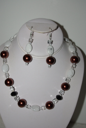+MBAHB #013-120  One Of A Kind Brown & White Bead Necklace & Earring Set"
