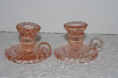 +MBAMG #24-022  "Fancy Small Pink Glass Candle Holders"