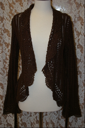 +MBA #8021  "Moda International Crochet Look Brown Cardigan