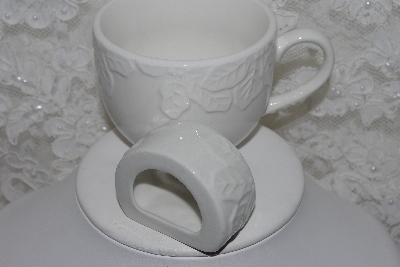 +MBAMG #003-235   "Set Of 8/ 4 Coffee Cups & 4 Napkin Rings/ White Ceramic/Poinsettia Pattern"