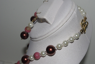 +MBAMG #018-149  "One Of A Kind Brown,White & Pink Gemstone Bead Necklace & Earring Set"