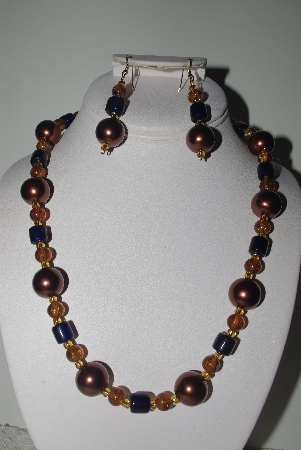 +MBAMG #018-145  "One Of A Kind Brown & Blue Bead Necklace & Earring Set"