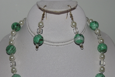 +MBAMG #019-149  "One Of A Kind Green Turquoise & White Bead Necklace & Earring Set"