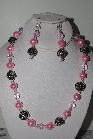 +MBAMG #019-141  "One Of A Kind Pink Bead & German Silver Bead Necklace & Earring Set"