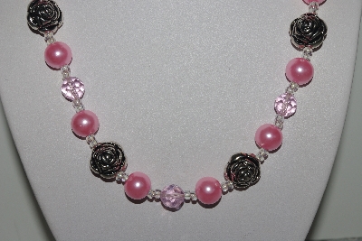+MBAMG #019-141  "One Of A Kind Pink Bead & German Silver Bead Necklace & Earring Set"