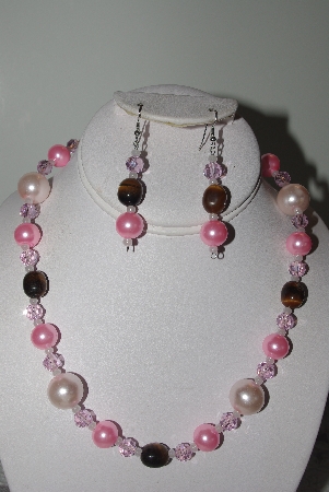 +MBAMG #019-145  "One Of A Kind Pink Bead & Tiger Eye Necklace & Earring Set"