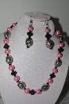 +MBAMG #019-163  "One Of A Kind Pink & Black Bead Necklace & Earring Set"