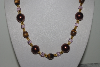 +MBAMG #019-154  "One Of A Kind Tiger Eye,Brown & Pink Bead Necklace & Earring Set"