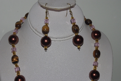 +MBAMG #019-154  "One Of A Kind Tiger Eye,Brown & Pink Bead Necklace & Earring Set"