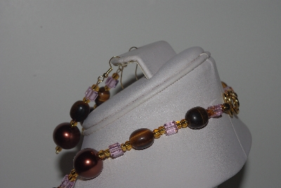 +MBAMG #019-154  "One Of A Kind Tiger Eye,Brown & Pink Bead Necklace & Earring Set"
