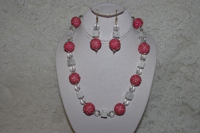 +MBAHB #24-038  "One Of A Kind Pink, Clear & White Howlite Gemstone Bead Necklace & Earring Set"