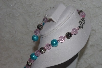 +MBAHB #24-197  "One Of A Kind Blue,Pink & German Silver Bead Necklace & Earring Set"