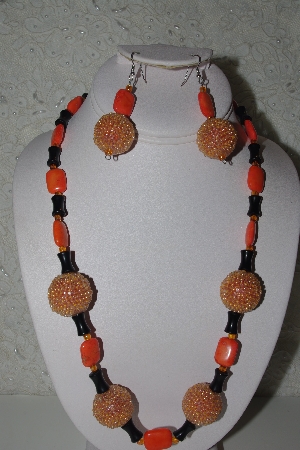+MBAHB #31-013  "One Of A Kind Orange & Black Bead Necklace & Earring Set"