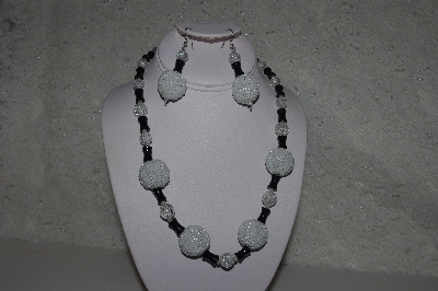+MBAHB #31-090  " One Of A Kind White, Clear & Black Bead Necklace & Earring Set"