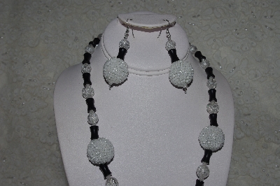 +MBAHB #31-090  " One Of A Kind White, Clear & Black Bead Necklace & Earring Set"