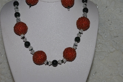 +MBAHB #31-110  "One Of A Kind Orange, Clear & Dk Jade Bead Necklace & Earring Set"