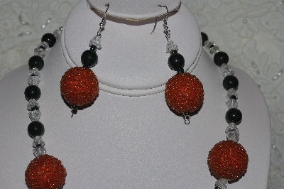 +MBAHB #31-110  "One Of A Kind Orange, Clear & Dk Jade Bead Necklace & Earring Set"