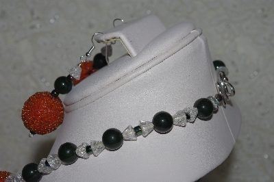 +MBAHB #31-110  "One Of A Kind Orange, Clear & Dk Jade Bead Necklace & Earring Set"