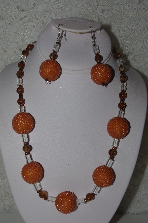 +MBAHB #32-002  "One Of A Kind Orange, Clear & Brown Bead Necklace & Earring Set"