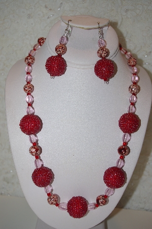 +MBAHB #32-019  "One Of a Kind Red & Clear Bead Necklace & Earring Set"