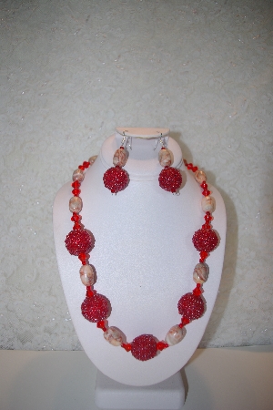 +MBAHB #32-029  "One Of A Kind Red Glass Bead & Marble Necklace & Earring Set"
