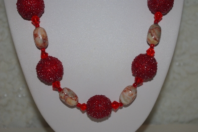 +MBAHB #32-029  "One Of A Kind Red Glass Bead & Marble Necklace & Earring Set"
