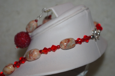 +MBAHB #32-029  "One Of A Kind Red Glass Bead & Marble Necklace & Earring Set"