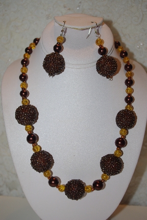 +MBAHB #32-064  "One Of A Kind Brown & Golden Bead Necklace & Earring Set"