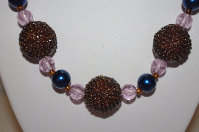 +MBAHB #32-084  "One Of A Kind Brown, Blue & Pink Bead Necklace & Earring Set"