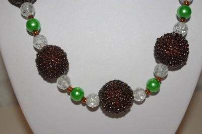 +MBAHB #32-139  "One Of A Kind Green, Clear & Brown Bead Necklace & Earring Set"