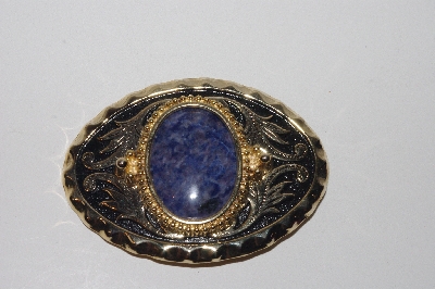 +MBAMG #0031-047  "Western Style Oval Gold Plated Belt Buckle With Lapis Gemstone Center"