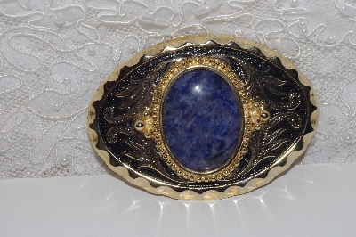 +MBAMG #0031-047  "Western Style Oval Gold Plated Belt Buckle With Lapis Gemstone Center"