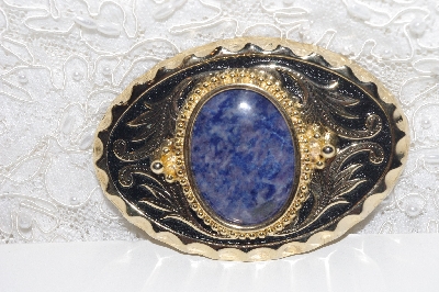 +MBAMG #0031-047  "Western Style Oval Gold Plated Belt Buckle With Lapis Gemstone Center"
