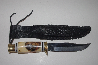 +MBAMG #099-156  "Hand Painted Antler Handle Fixed Blade Knife With Leather Sheath"