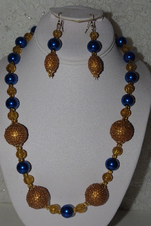 +MBAHB #00013-8568  "One Of A Kind Gold & Blue Bead Necklace & Earring Set"