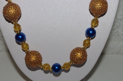+MBAHB #00013-8568  "One Of A Kind Gold & Blue Bead Necklace & Earring Set"