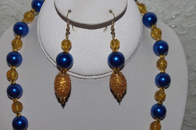 +MBAHB #00013-8568  "One Of A Kind Gold & Blue Bead Necklace & Earring Set"