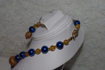 +MBAHB #00013-8568  "One Of A Kind Gold & Blue Bead Necklace & Earring Set"