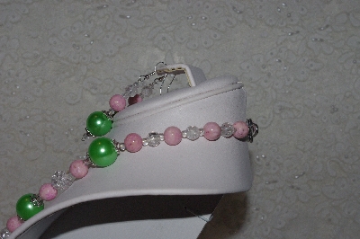 +MBAHB #00014-8687  "One Of A Kind Green, Pink & Clear Bead Necklace & Earring Set"