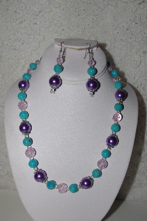 +MBAHB #00014-8652  "One Of A Kind Lavender, Blue & Pink Bead Necklace & Earring Set"