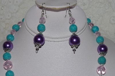 +MBAHB #00014-8652  "One Of A Kind Lavender, Blue & Pink Bead Necklace & Earring Set"