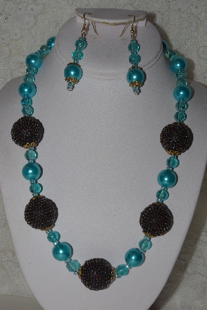 +MBAHB #00015-8908  "One Of A Kind Blue & Brown Bead Necklace & Earring Set"