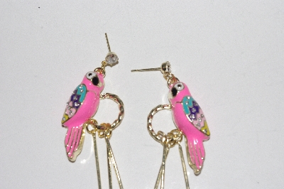 +MBAMG #00016-0140  "Fancy 5" Pink Enameled Parrot Feather Earrings" 